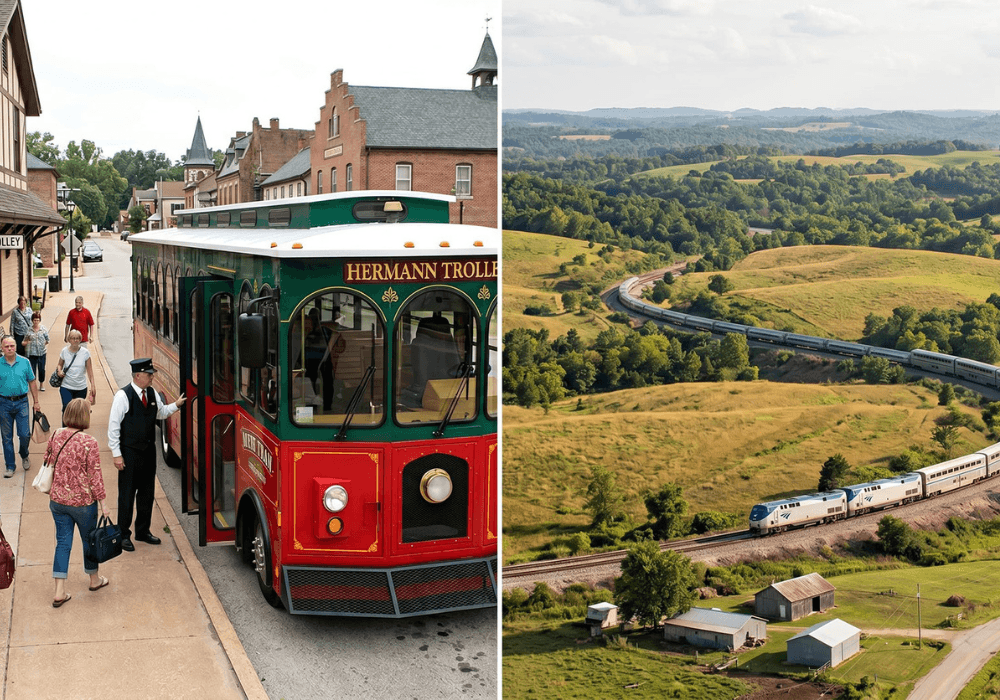 A trolley bus stops in a historic town on the left, while a train travels through lush green hills on the right.