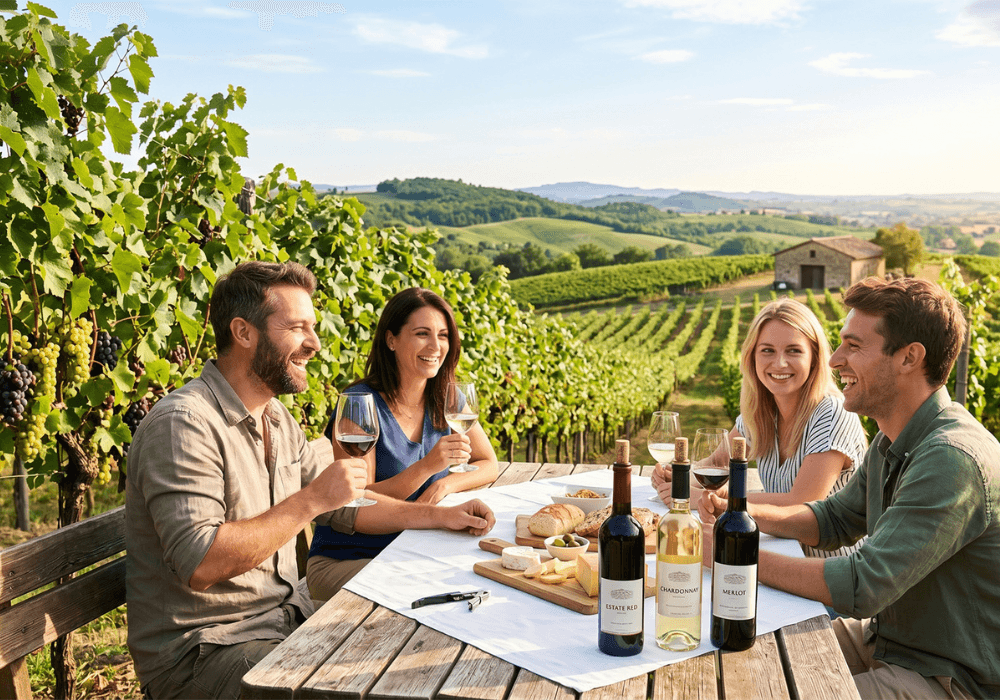 Four friends enjoying wine and cheese at a vineyard table with scenic hills in the background.